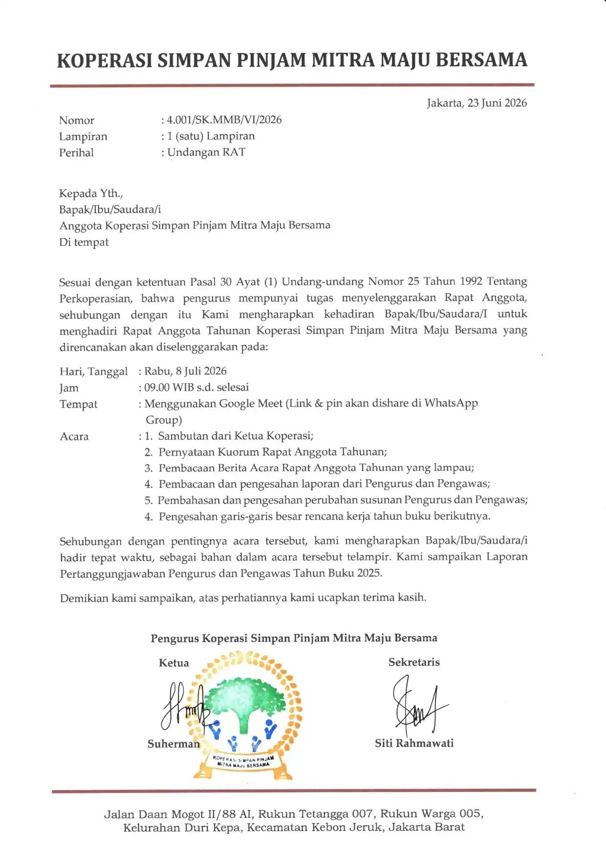 Surat undangan resmi Rapat Anggota Tahunan KSP Mitra Maju Bersama 2025